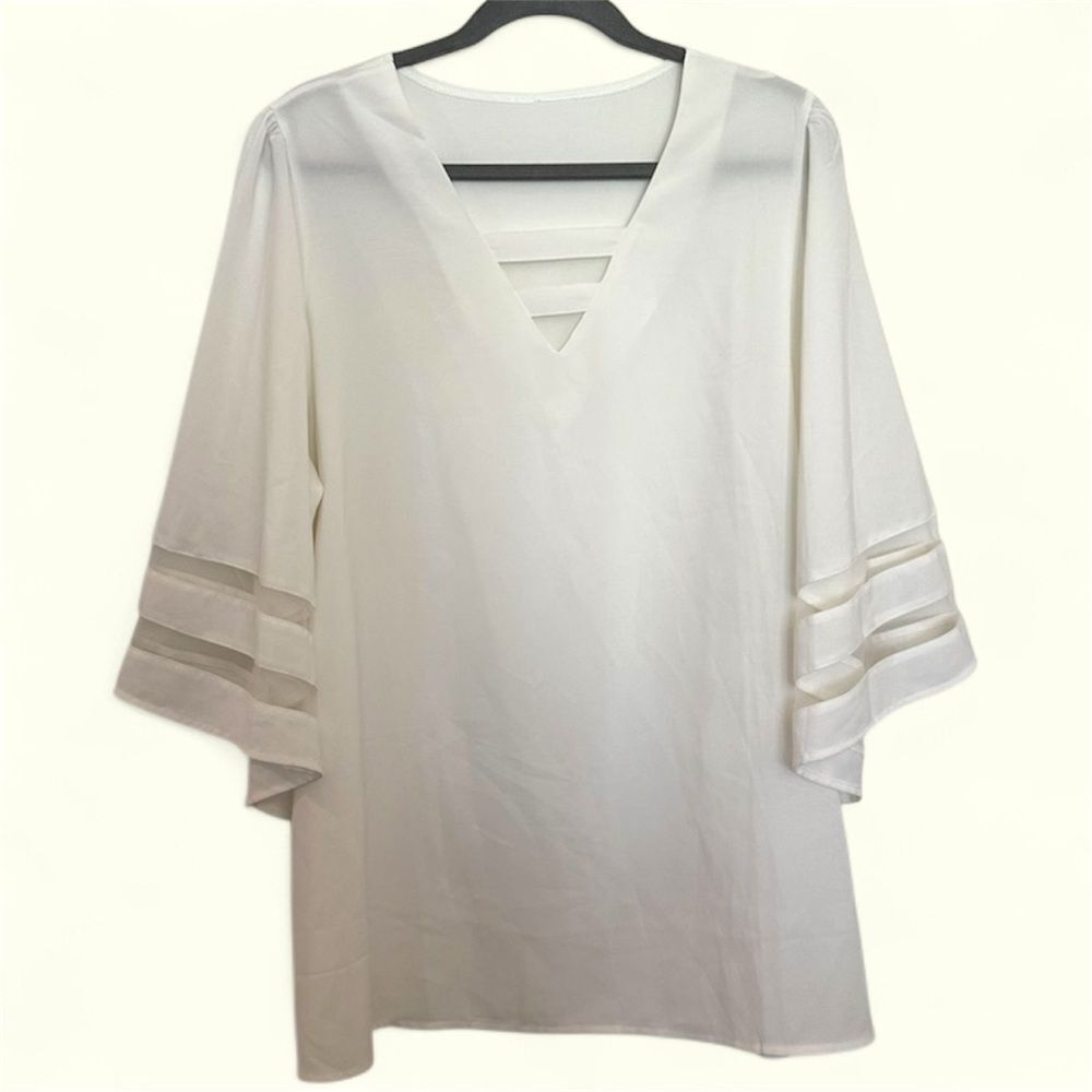 Elegant White V-Neck Women's Top Oversized Flowy Mesh Sheer